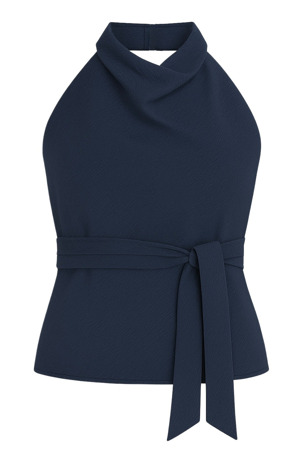 Top halter de cuello alto fluido, sin mangas, escote en espalda, fit ajustado, cierre posterior con lazo amarrable, botón y ojal.