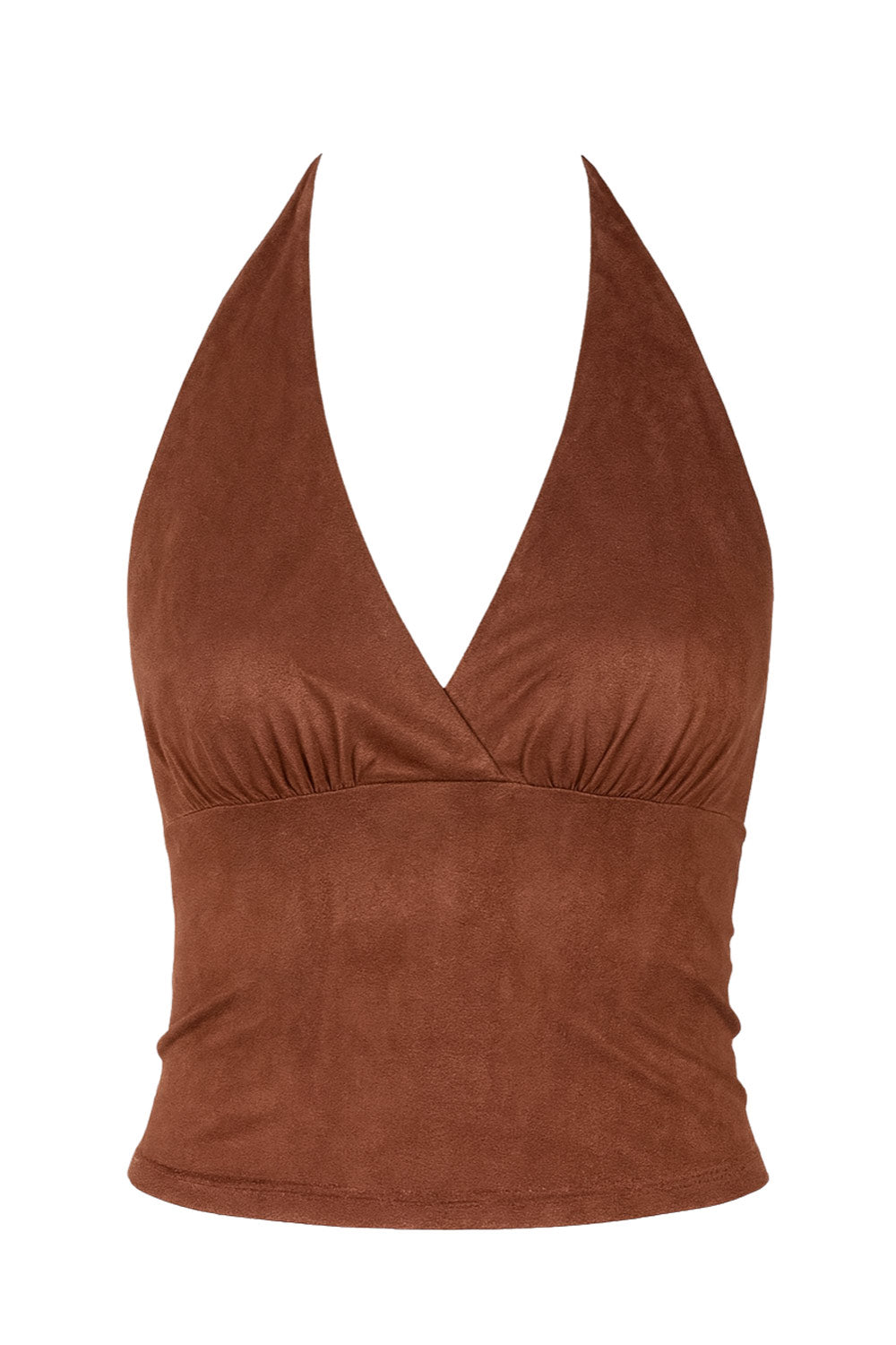 Top ajustado de gamuza, cuello halter con lazado amarrable posterior, escote en espalda, escote v cruzado con cortes y plisados frontales.