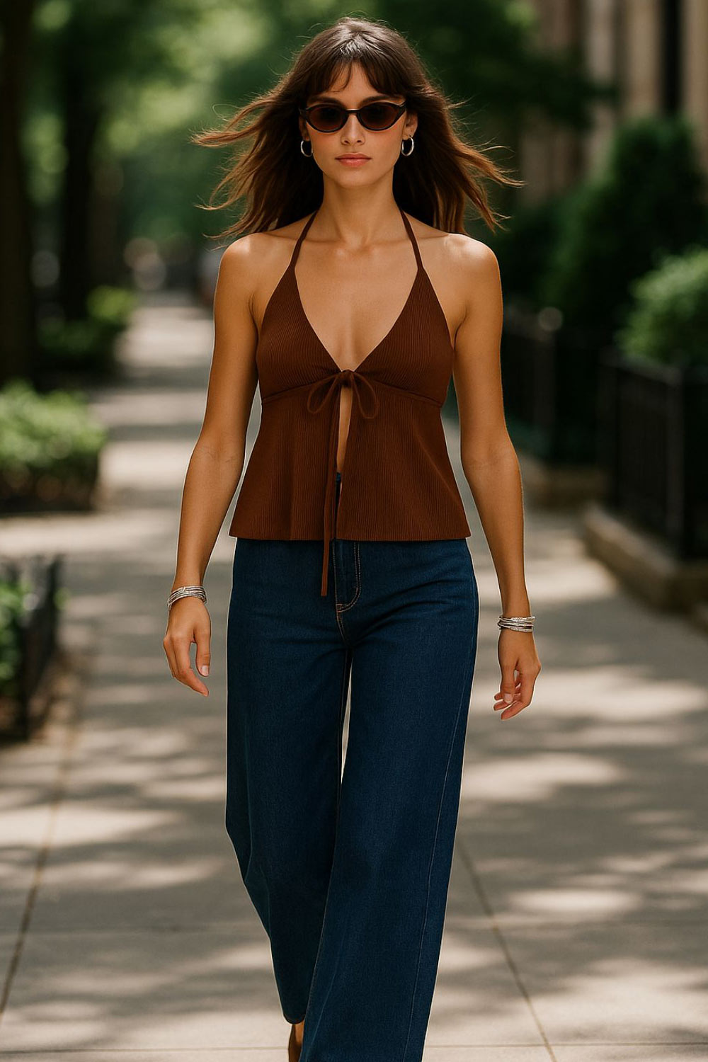 Top corto canalé de cuello halter, escote v con lazo amarrable frontal, rib elástico en espalda, tirantes con lazo amarrable posterior y abertura frontal en bajo. Detalle de peplum olanes.