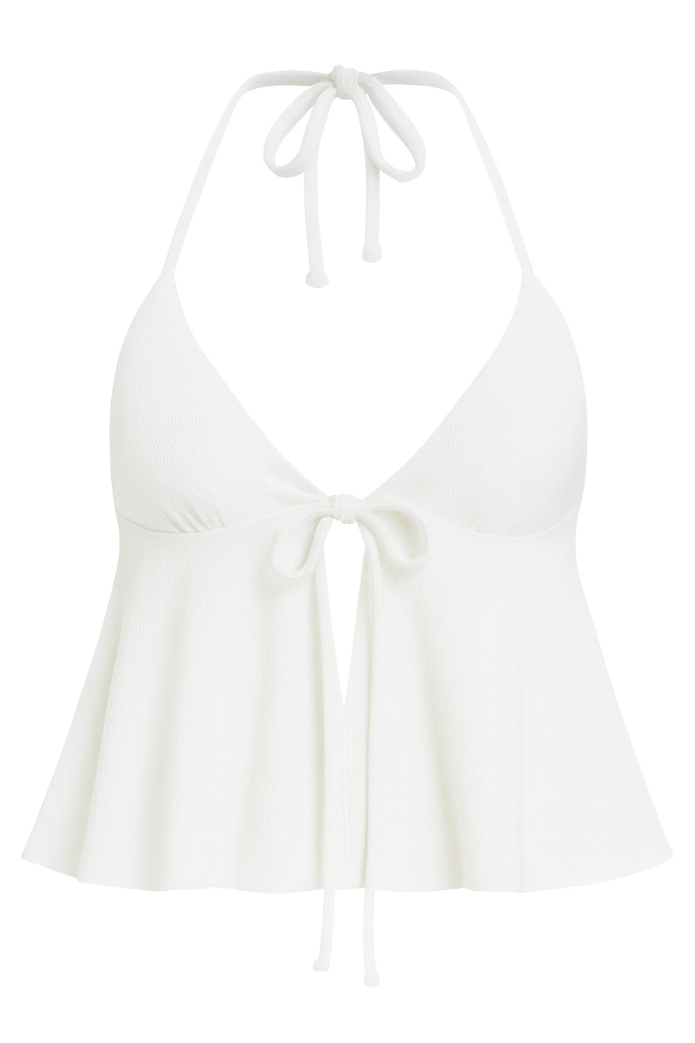 Top corto canalé de cuello halter, escote v con lazo amarrable frontal, rib elástico en espalda, tirantes con lazo amarrable posterior y abertura frontal en bajo. Detalle de peplum olanes.