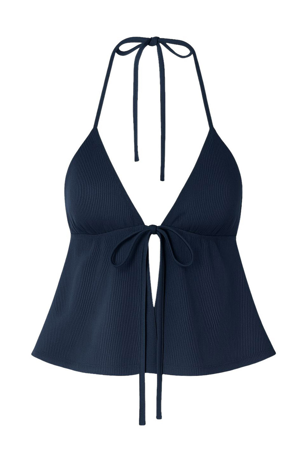 Top corto canalé de cuello halter, escote v con lazo amarrable frontal, rib elástico en espalda, tirantes con lazo amarrable posterior y abertura frontal en bajo. Detalle de peplum olanes.