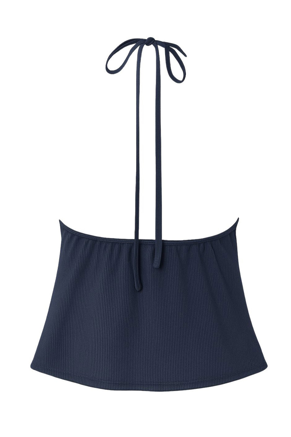 Top corto canalé de cuello halter, escote v con lazo amarrable frontal, rib elástico en espalda, tirantes con lazo amarrable posterior y abertura frontal en bajo. Detalle de peplum olanes.