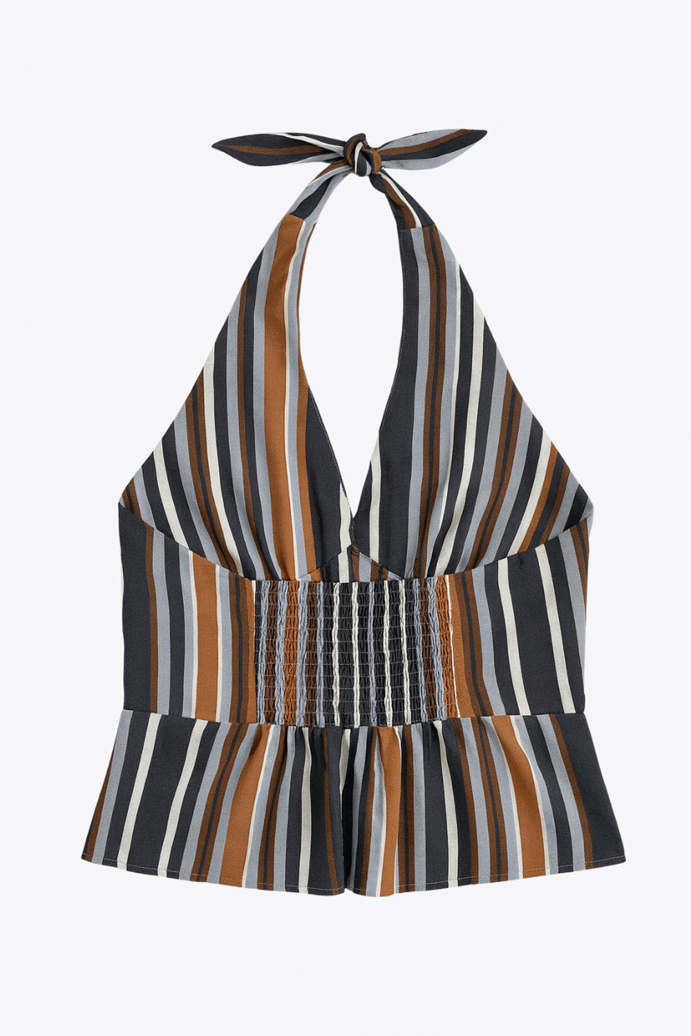 Top corto de estampado rayas, cuello halter con nudo amarrable posterior, escote v con cortes y plisados decorativos frontales, fit ajustado, escote en espalda con fruncido posterior, cierre frontal con hilera de botones y abertura en bajo.