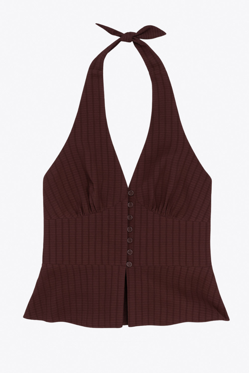 Top corto de estampado rayas, cuello halter con nudo amarrable posterior, escote v con cortes y plisados decorativos frontales, fit ajustado, escote en espalda con fruncido posterior, cierre frontal con hilera de botones y abertura en bajo.