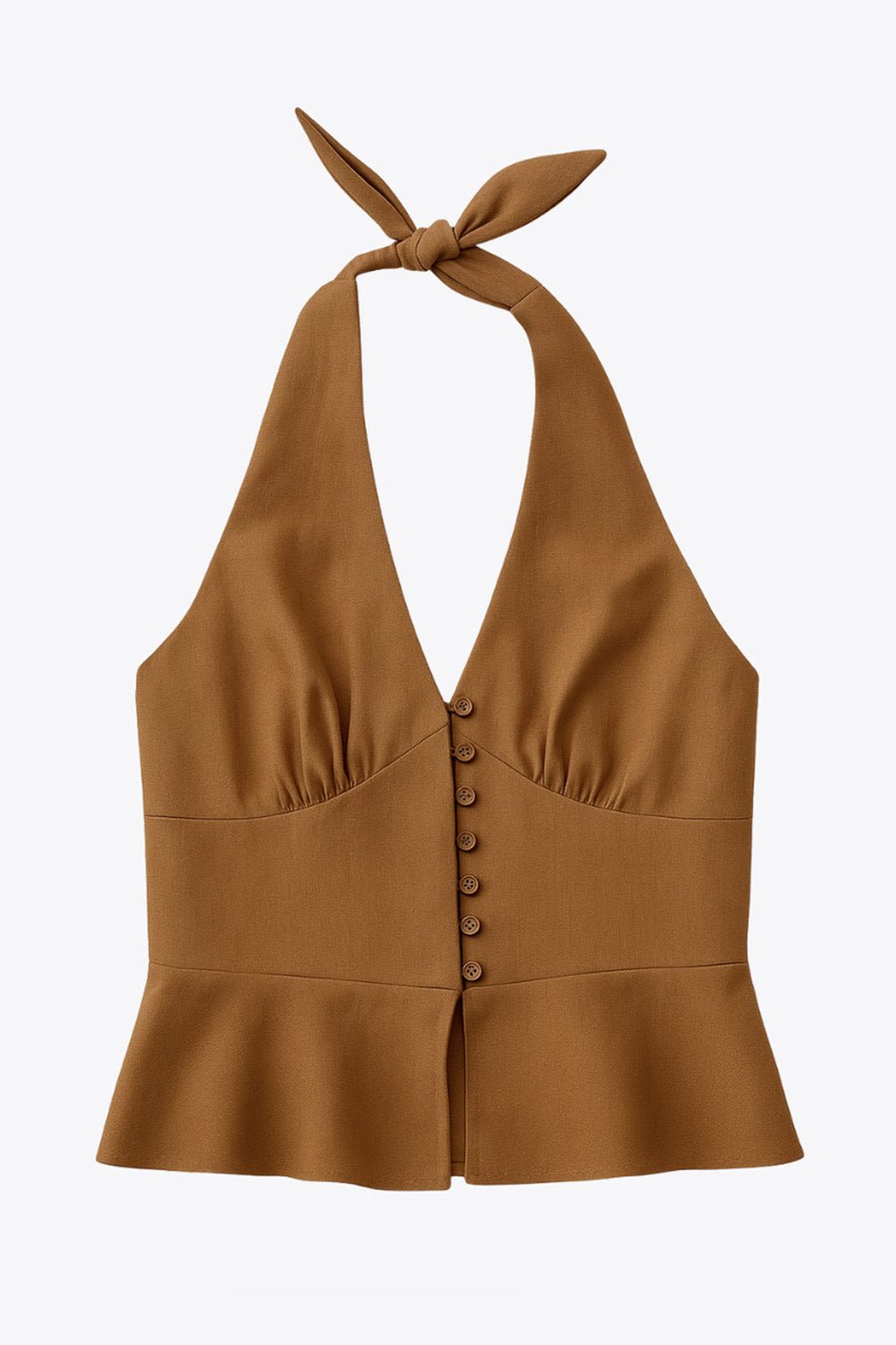 Top corto de cuello halter con nudo amarrable posterior, escote v con cortes y plisados decorativos frontales, fit ajustado, escote en espalda con fruncido posterior, cierre frontal con hilera de botones y bajo curveado con abertura.