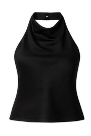 Top corto de fit recto, sin mangas, cuello halter fluido y escote en espalda.