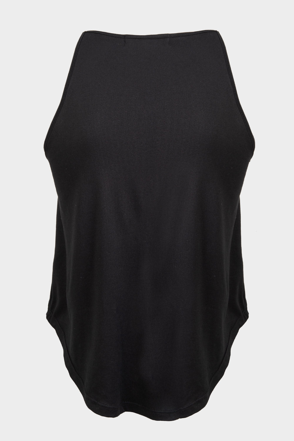 Top de cuello halter sin mangas, tirantes finos, bajo curveado y silueta ligeramente oversized.