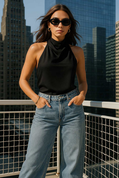 Top corto halter de cuello alto fluido, fit recto, escote en espalda, cierre posterior con botón y ojal.