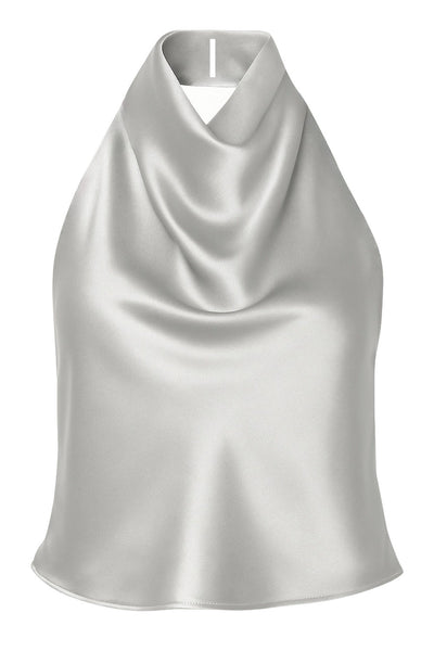 Top corto halter de cuello alto fluido, fit recto, escote en espalda, cierre posterior con botón y ojal.