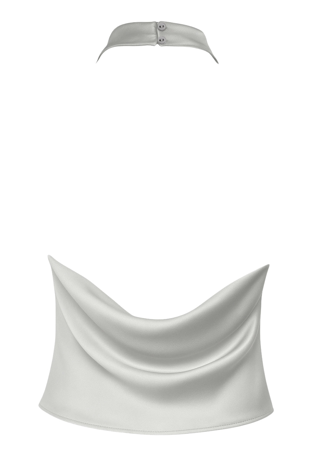 Top corto halter de cuello alto fluido, fit recto, escote en espalda, cierre posterior con botón y ojal.