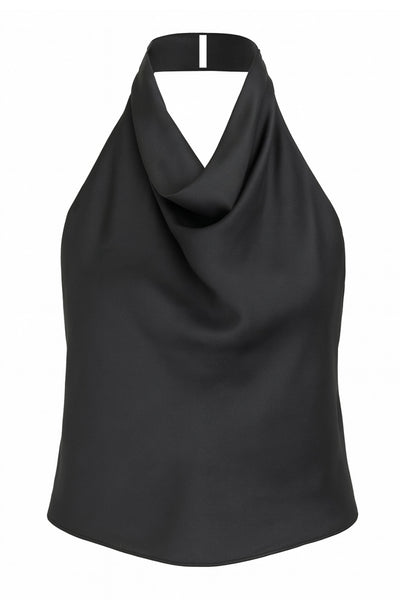 Top corto halter de cuello alto fluido, fit recto, escote en espalda, cierre posterior con botón y ojal.