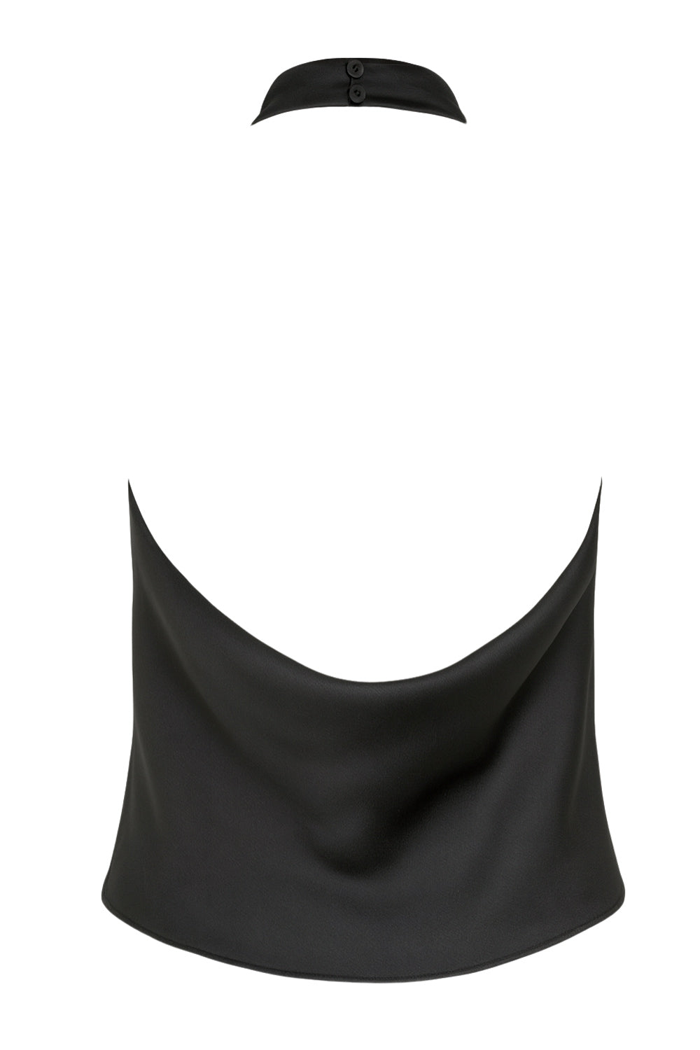 Top corto halter de cuello alto fluido, fit recto, escote en espalda, cierre posterior con botón y ojal.