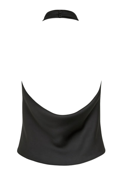 Top corto halter de cuello alto fluido, fit recto, escote en espalda, cierre posterior con botón y ojal.