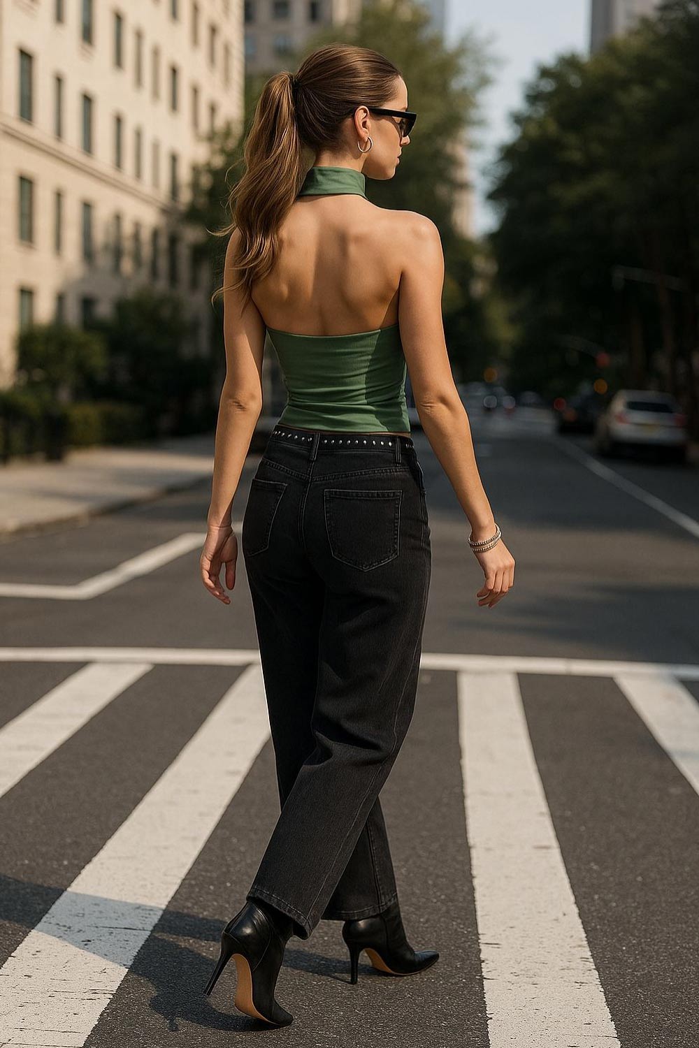 Top halter corto de fit ajustado, sin mangas, cuello halter fluido con plisados y escote en espalda. Detalle de bajo diagonal asimétrico.