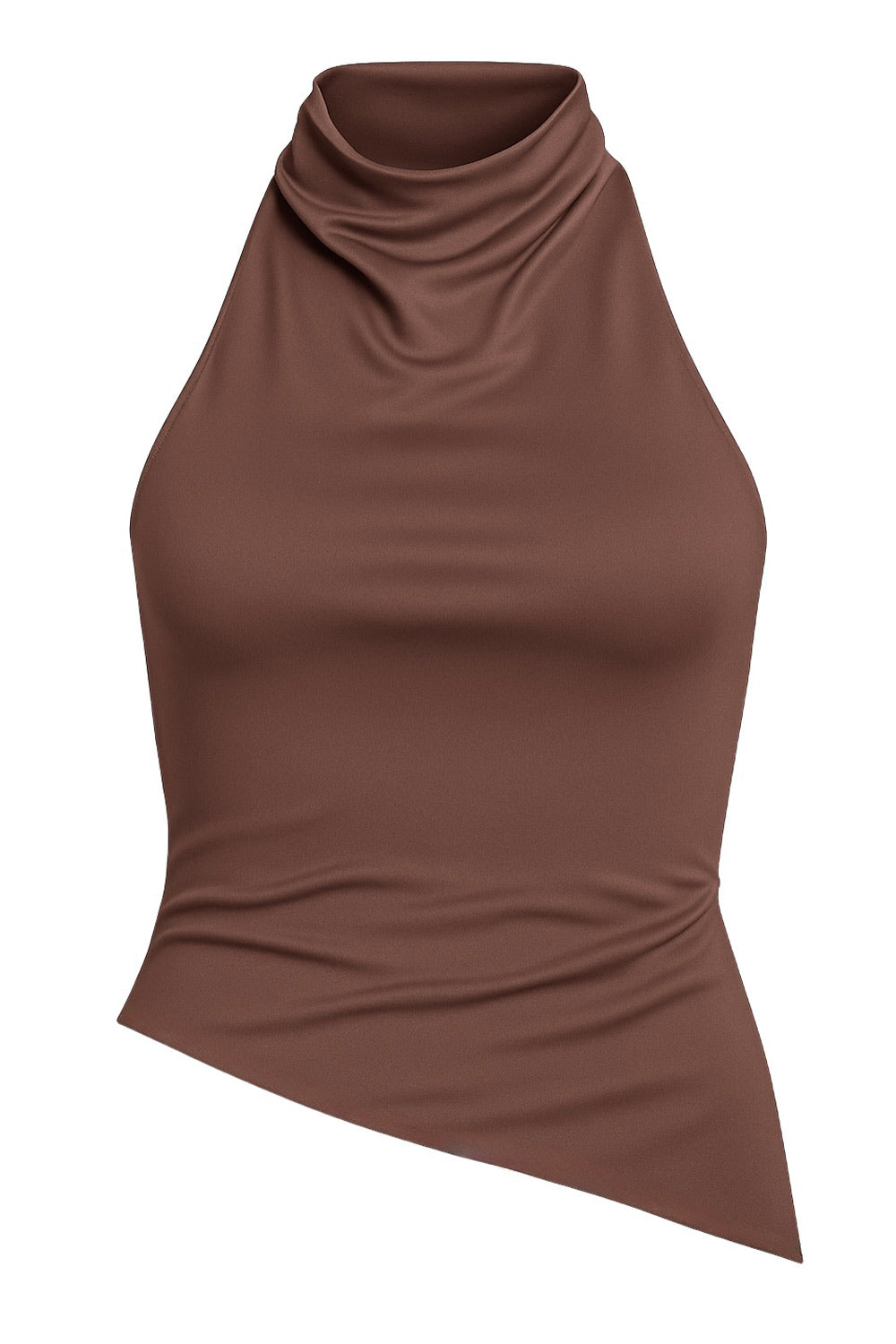 Top halter corto de fit ajustado, sin mangas, cuello halter fluido con plisados y escote en espalda. Detalle de bajo diagonal asimétrico.