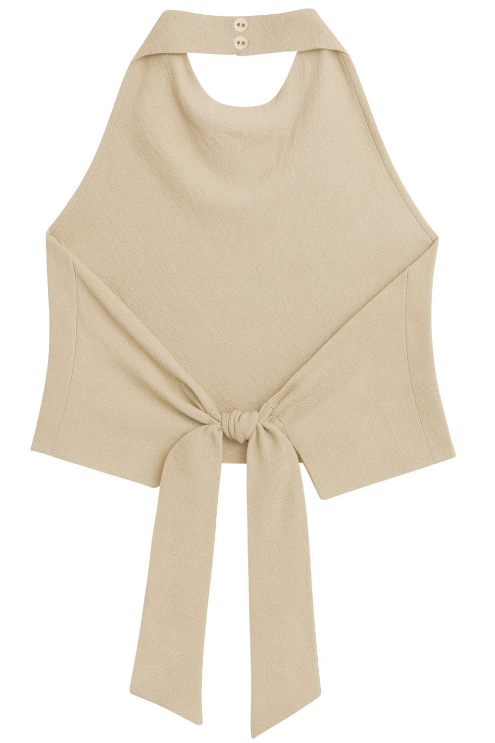 Top halter de fit fluido, escote en espalda, nudo amarrable posterior, cierre con botón y ojal.
