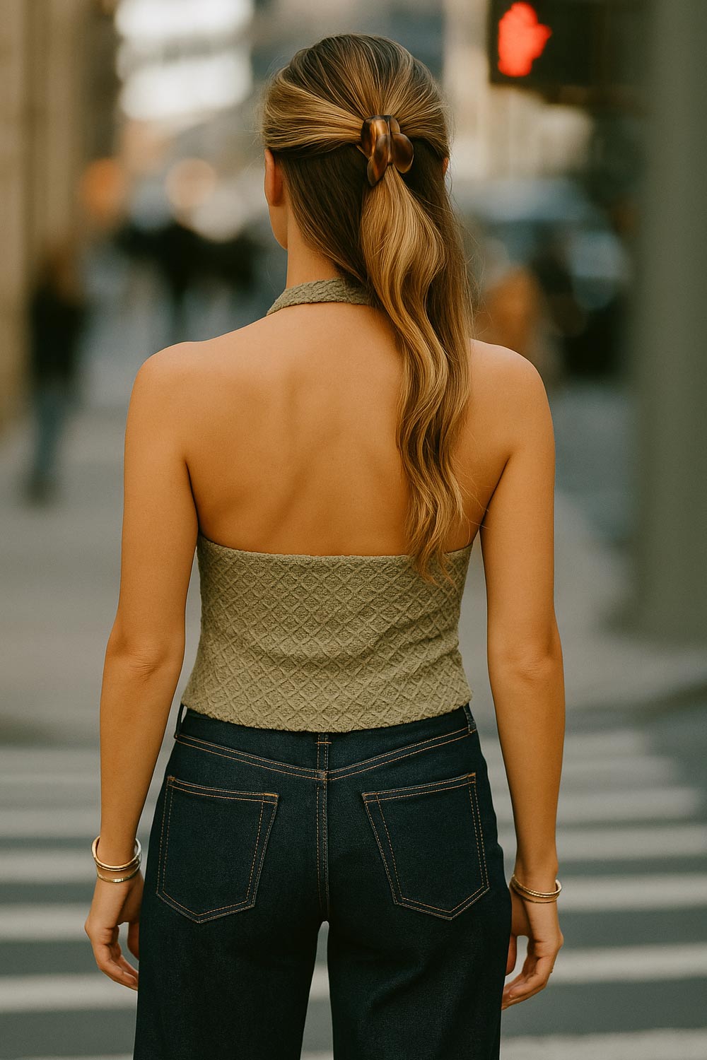 Top corto de cuello halter con escote v y cortes frontales, fit ajustado, escote en espalda y detalle de textura en tejido.