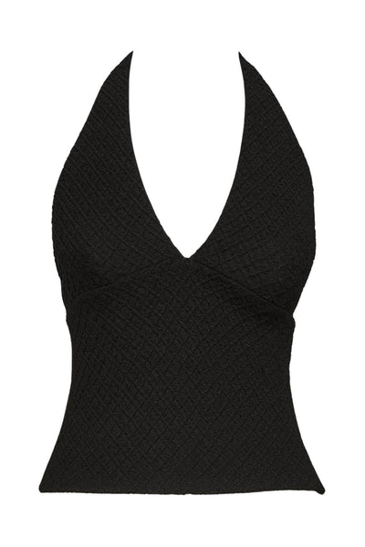 Top corto de cuello halter con escote v y cortes frontales, fit ajustado, escote en espalda y detalle de textura en tejido.