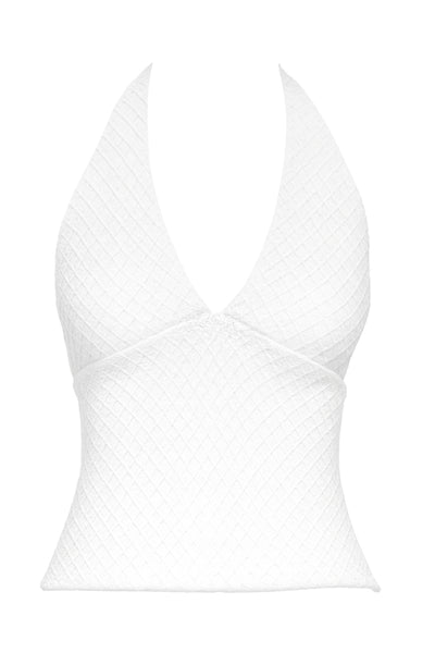 Top corto de cuello halter con escote v y cortes frontales, fit ajustado, escote en espalda y detalle de textura en tejido.