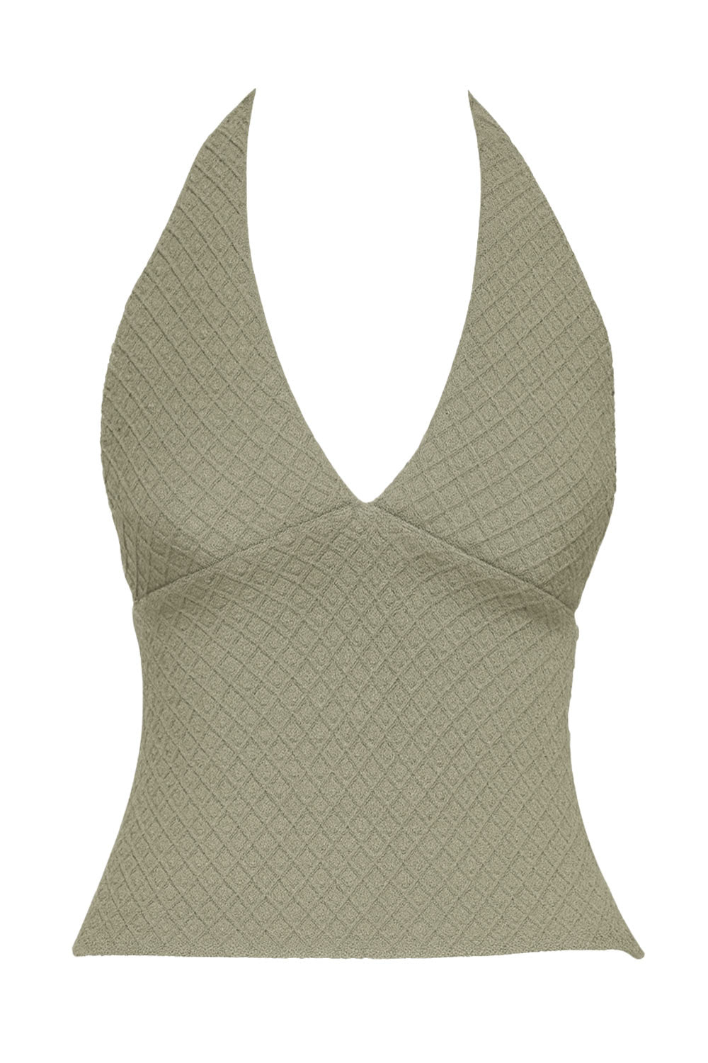 Top corto de cuello halter con escote v y cortes frontales, fit ajustado, escote en espalda y detalle de textura en tejido.