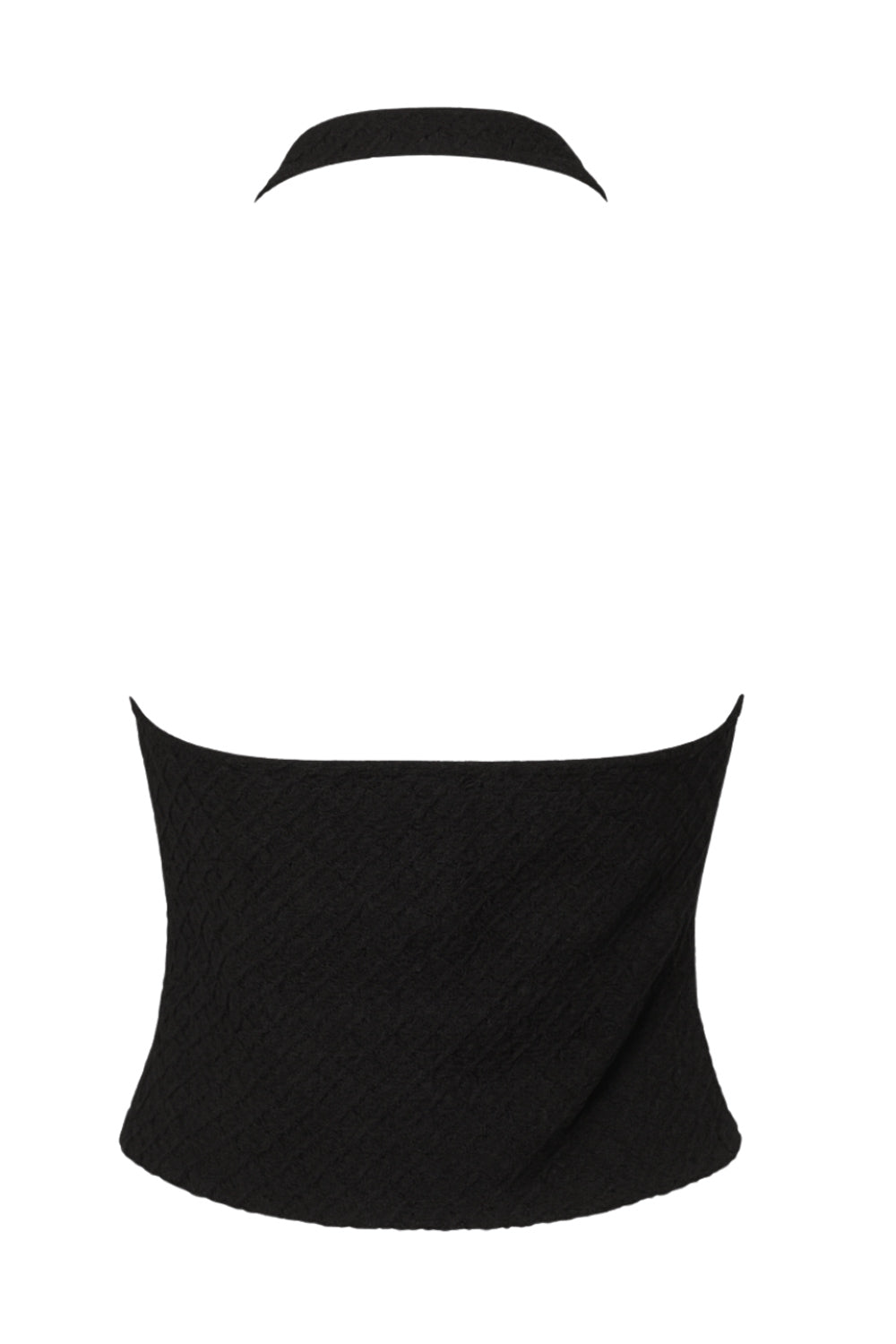 Top corto de cuello halter con escote v y cortes frontales, fit ajustado, escote en espalda y detalle de textura en tejido.