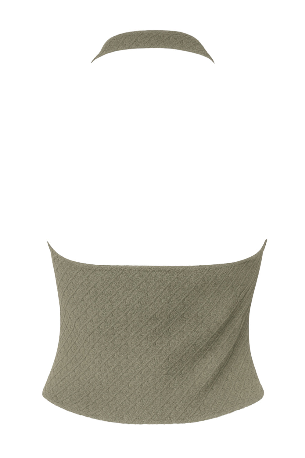 Top corto de cuello halter con escote v y cortes frontales, fit ajustado, escote en espalda y detalle de textura en tejido.
