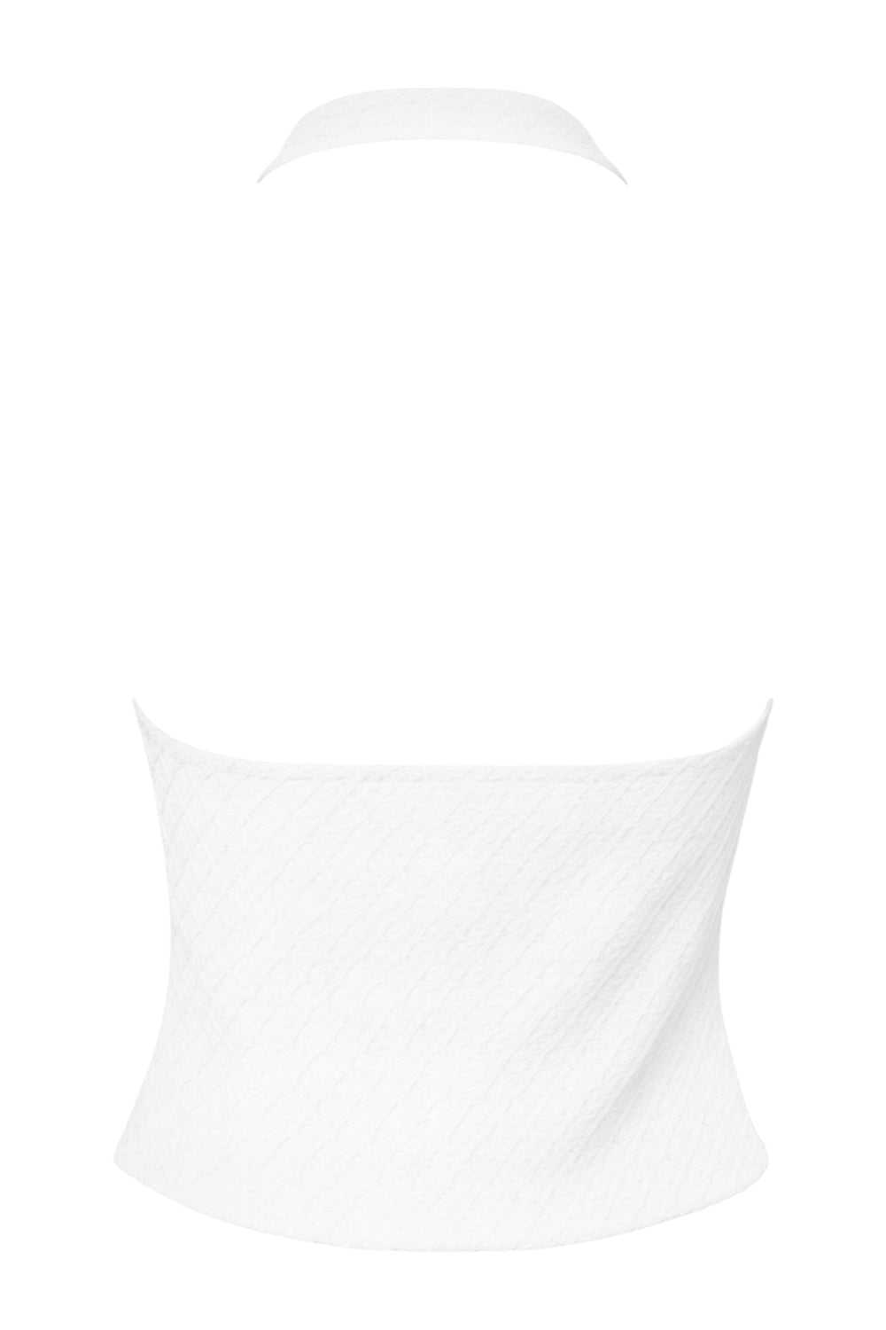 Top corto de cuello halter con escote v y cortes frontales, fit ajustado, escote en espalda y detalle de textura en tejido.