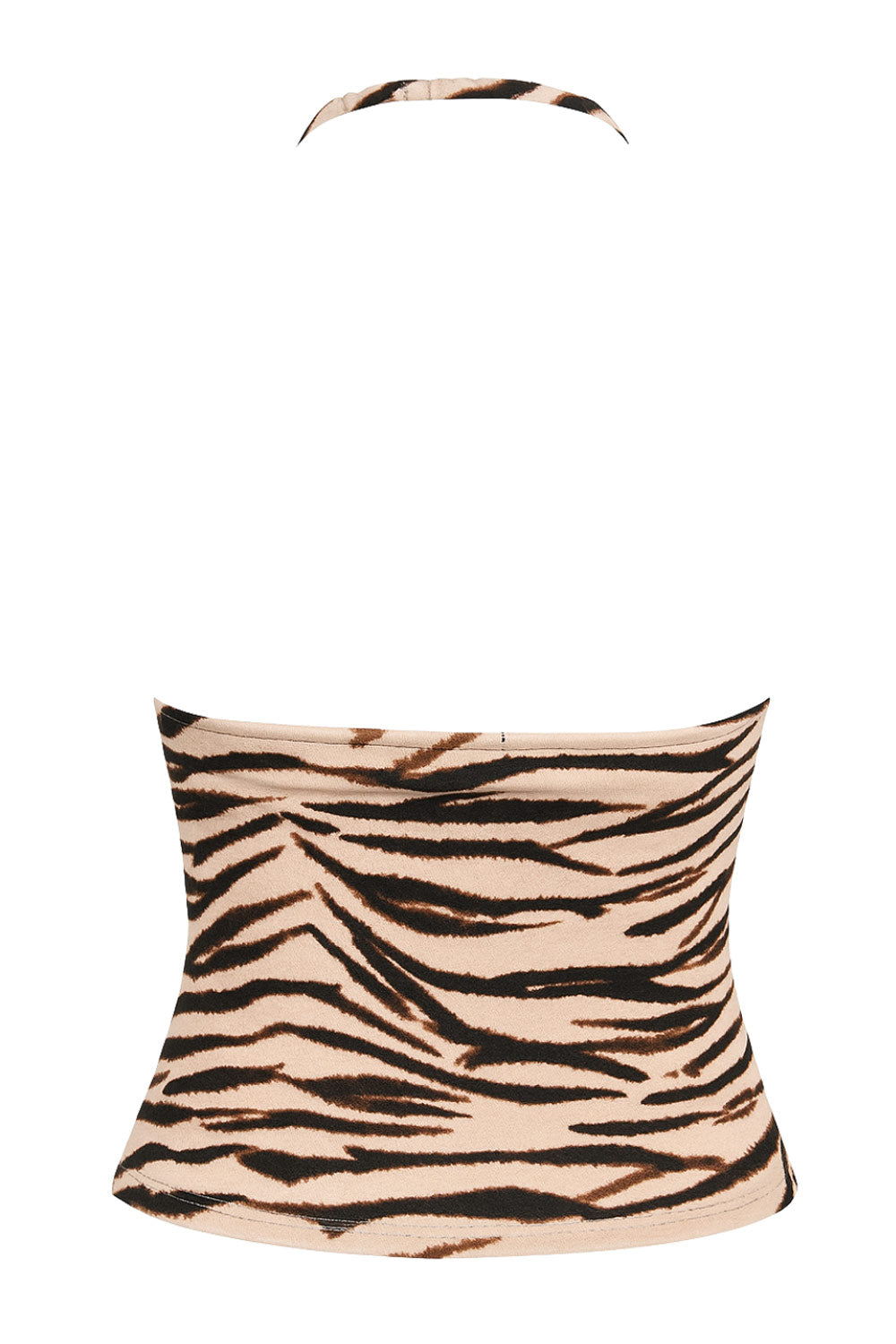 Top corto de fit ajustado, estampado animal, sin mangas, cuello halter fluido y escote en espalda.