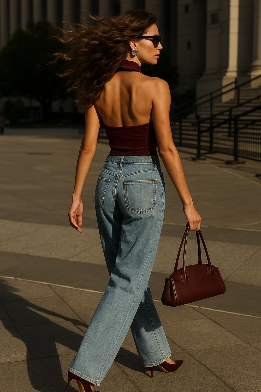 Top halter de fit ajustado, sin mangas, cuello alto, escote en espalda, cierre posterior con botón y ojal.