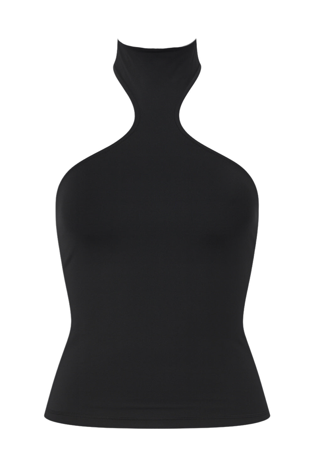 Top halter de fit ajustado, sin mangas, cuello alto, escote en espalda, cierre posterior con botón y ojal.