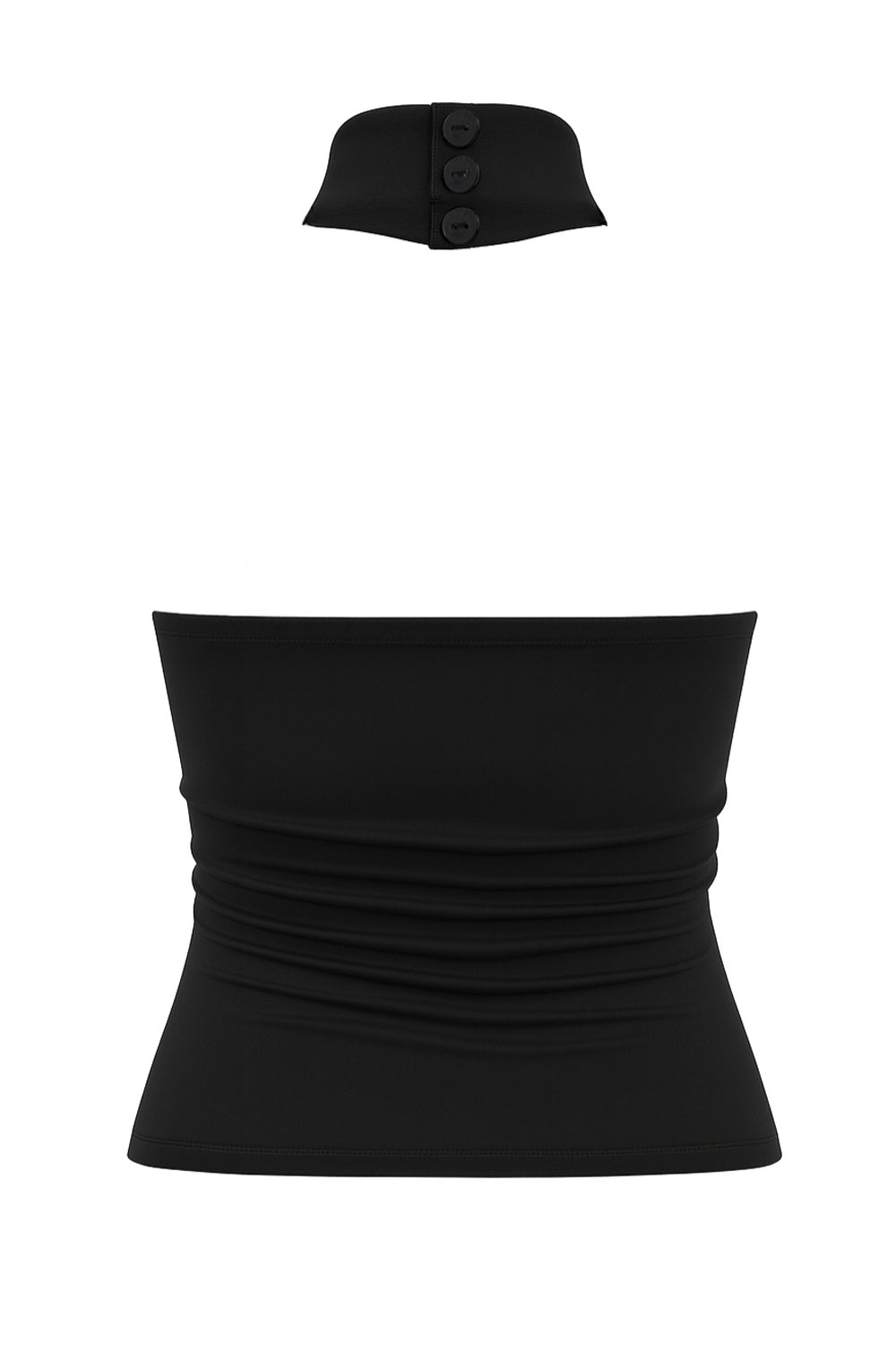 Top halter de fit ajustado, sin mangas, cuello alto, escote en espalda, cierre posterior con botón y ojal.