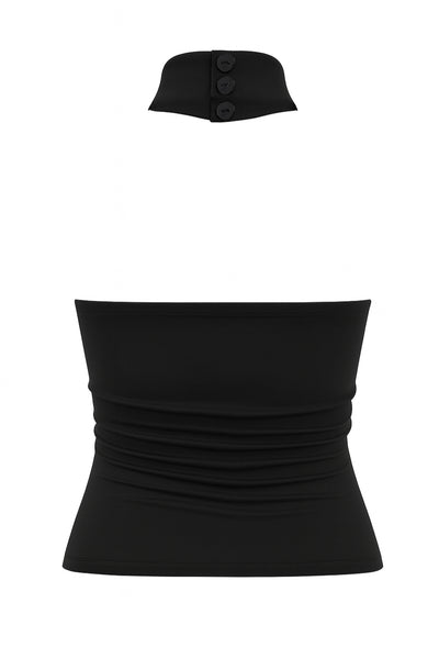 Top halter de fit ajustado, sin mangas, cuello alto, escote en espalda, cierre posterior con botón y ojal.