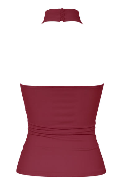 Top halter de fit ajustado, sin mangas, cuello alto, escote en espalda, cierre posterior con botón y ojal.
