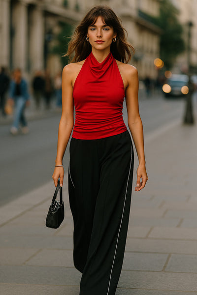 Top halter de fit ajustado, cuello alto fluido, sin mangas, plisados en costados y cierre posterior con botón y ojal.