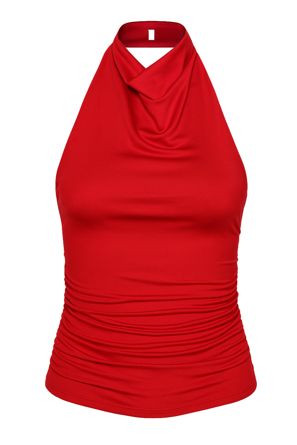 Top halter de fit ajustado, cuello alto fluido, sin mangas, plisados en costados y cierre posterior con botón y ojal.