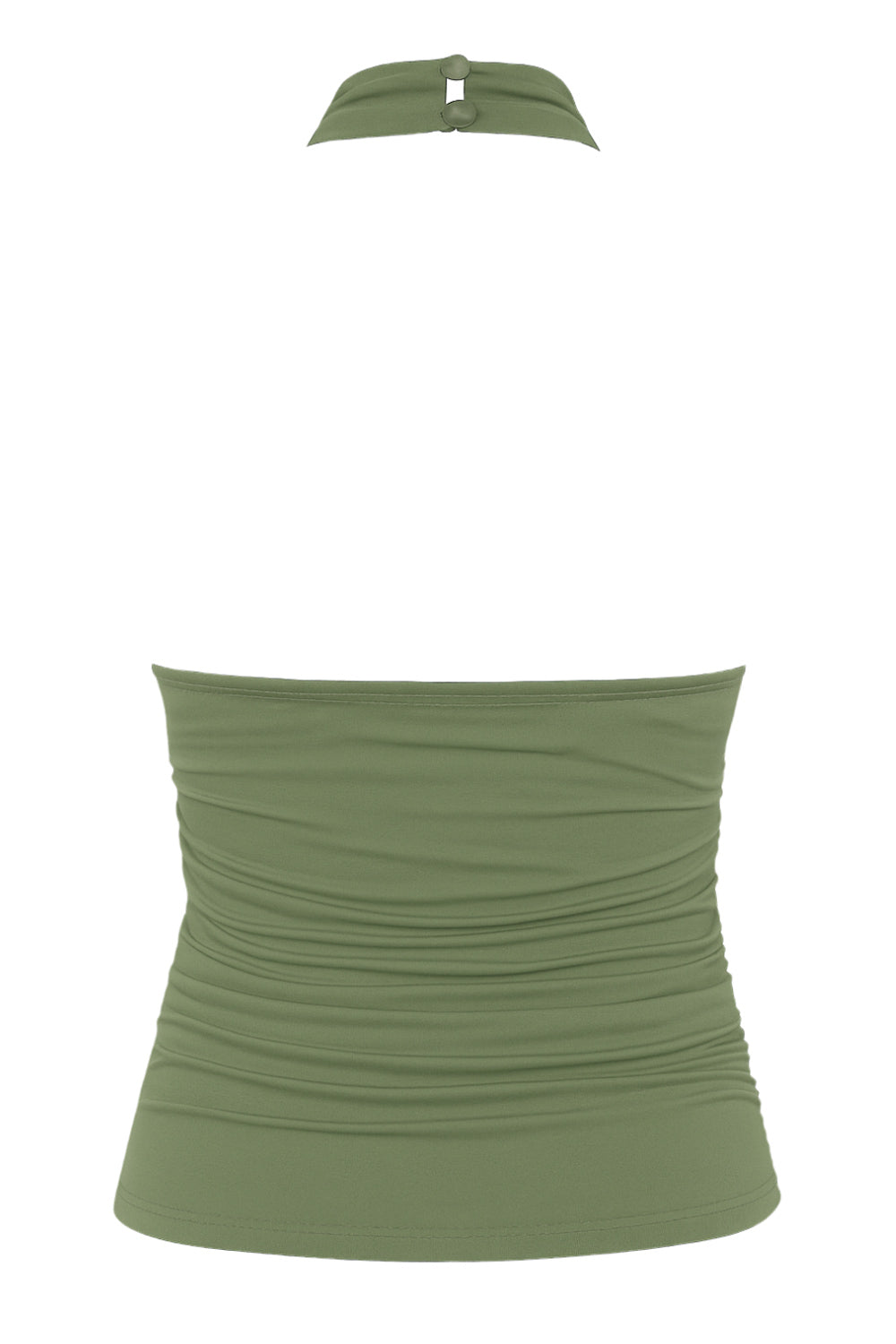 Top halter de fit ajustado, cuello alto fluido, sin mangas, plisados en costados y cierre posterior con botón y ojal.