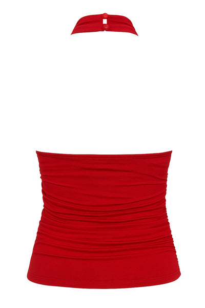 Top halter de fit ajustado, cuello alto fluido, sin mangas, plisados en costados y cierre posterior con botón y ojal.