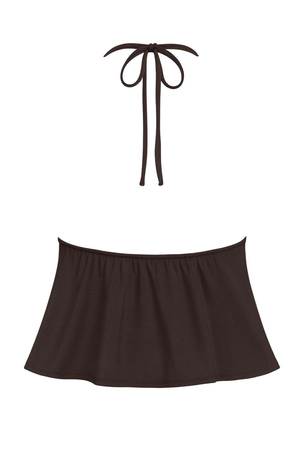 Top corto halter de escote v con lazo amarrable frontal, rib elástico en espalda, tirantes halter con lazo amarrable posterior y abertura frontal en bajo. Detalle de peplum olanes en bajo.