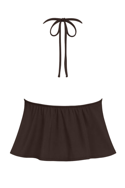 Top corto halter de escote v con lazo amarrable frontal, rib elástico en espalda, tirantes halter con lazo amarrable posterior y abertura frontal en bajo. Detalle de peplum olanes en bajo.