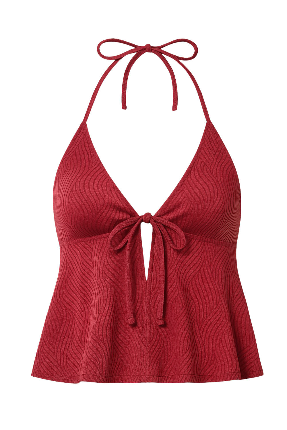 Top corto halter de escote v con lazo amarrable frontal, rib elástico en espalda, tirantes halter con lazo amarrable posterior y abertura frontal en bajo. Detalle de peplum olanes y textura en tejido.