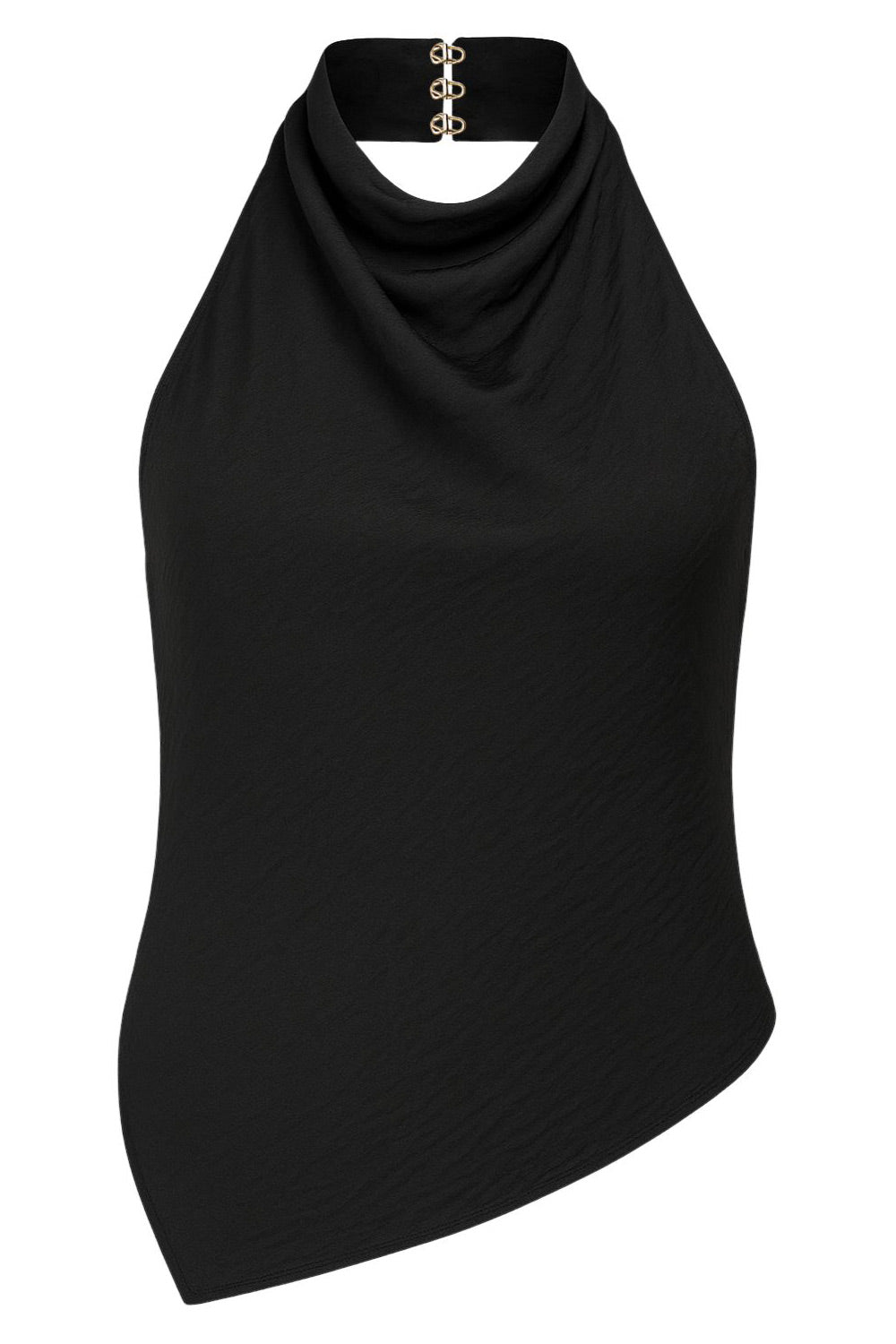 Top de fit recto, sin mangas, cuello halter fluido on plisados y escote en espalda. Detalle de bajo diagonal asimétrico y cierre posterior con broches ocultos.