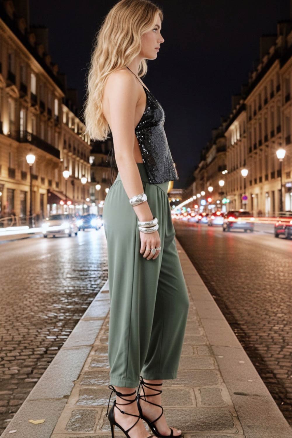 Top corto de lentejuela, fit fluido, escote v y cuello halter con lazo amarrable posterior.