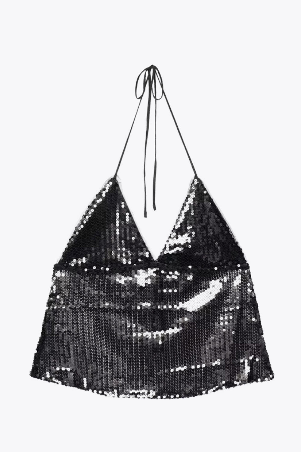 Top corto de lentejuela, fit fluido, escote v y cuello halter con lazo amarrable posterior.