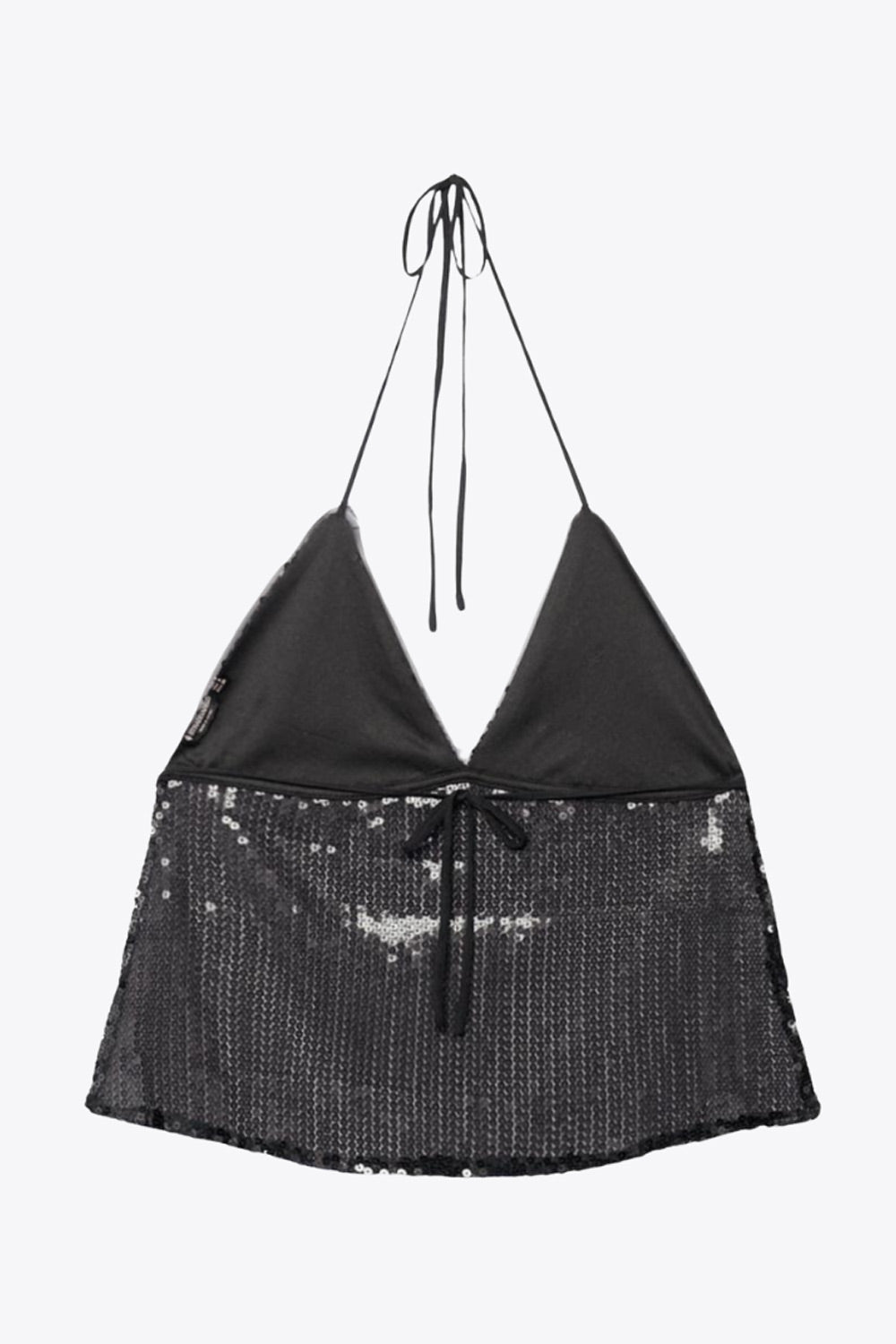 Top corto de lentejuela, fit fluido, escote v y cuello halter con lazo amarrable posterior.