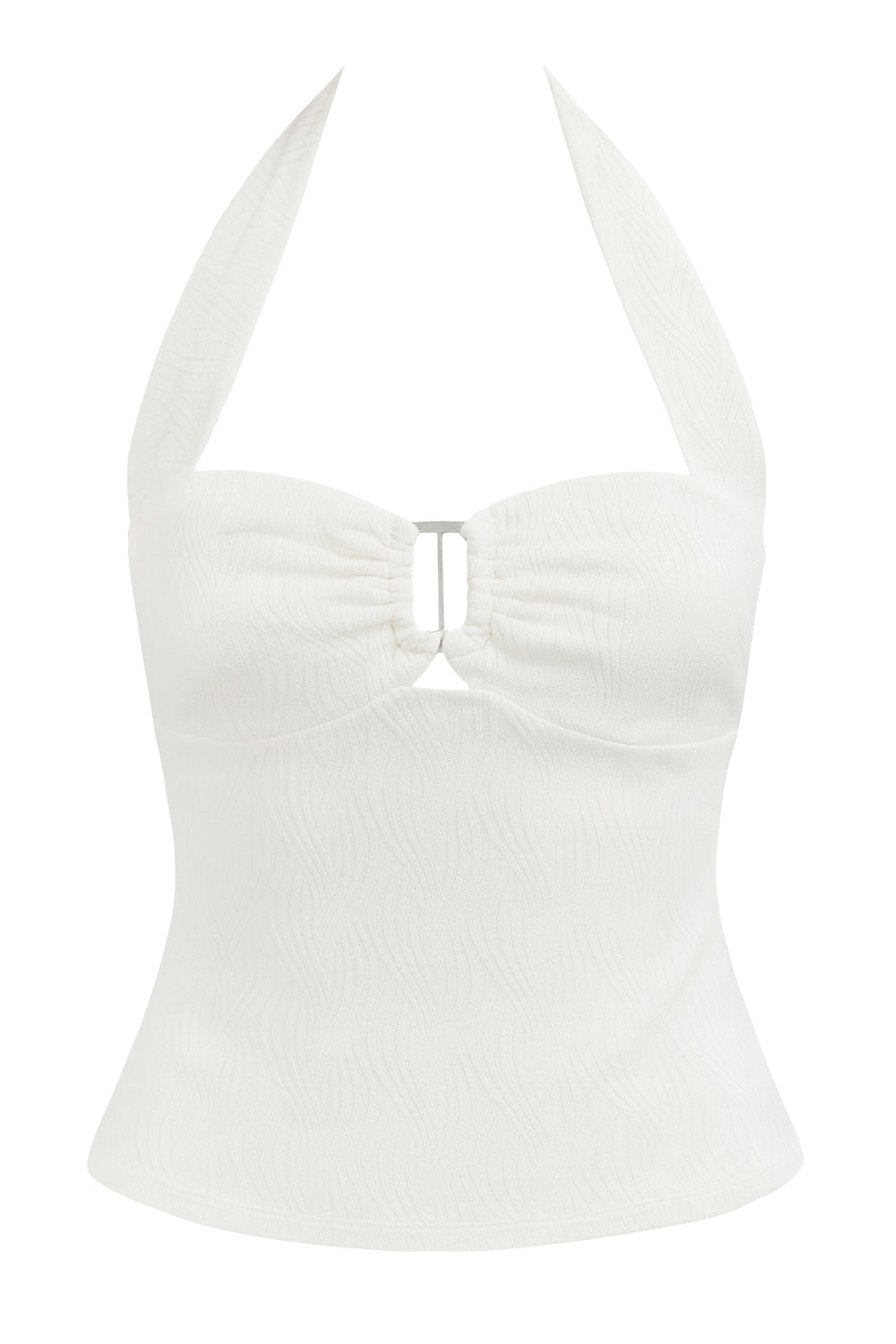 Top de fit ajustado, cuello halter con nudo amarrable posterior, escote corazón con cortes, plisados decorativos y cut out frontal. Detalle de textura en tejido.