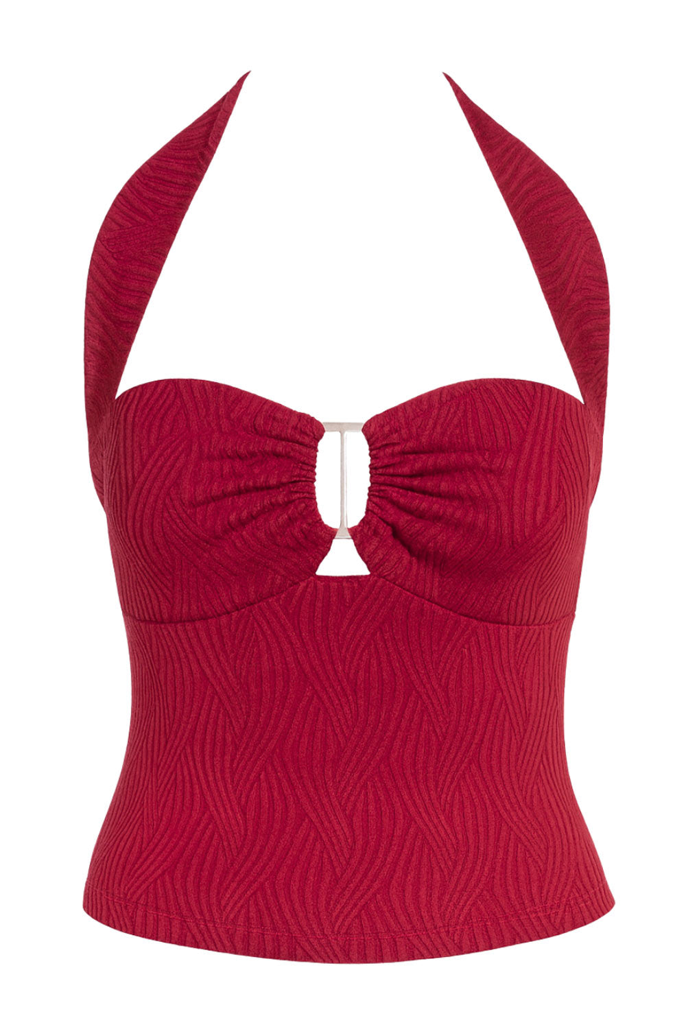 Top de fit ajustado, cuello halter con nudo amarrable posterior, escote corazón con cortes, plisados decorativos y cut out frontal. Detalle de textura en tejido.