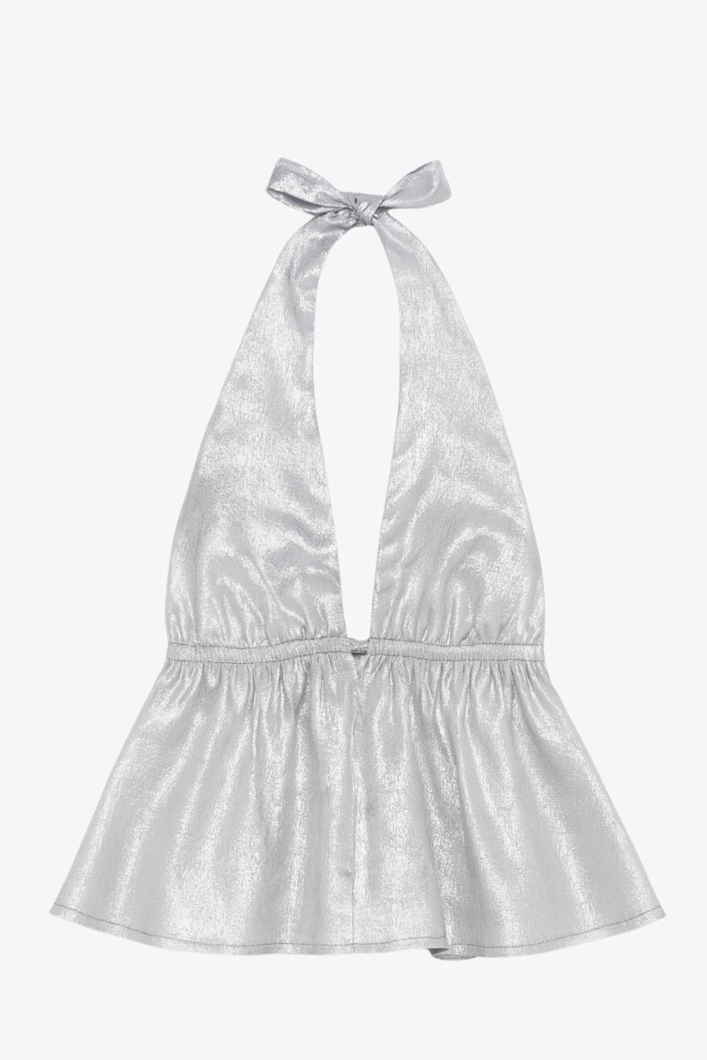 Top corto metálico de cuello halter con tirantes y nudo amarrable posterior, peplum con olanes, rib elástico en cintura y lazo amarrable posterior.