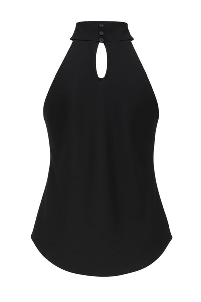 Top halter de cuello alto fluido, sin mangas, fit recto, cierre posterior con botones y ojales.