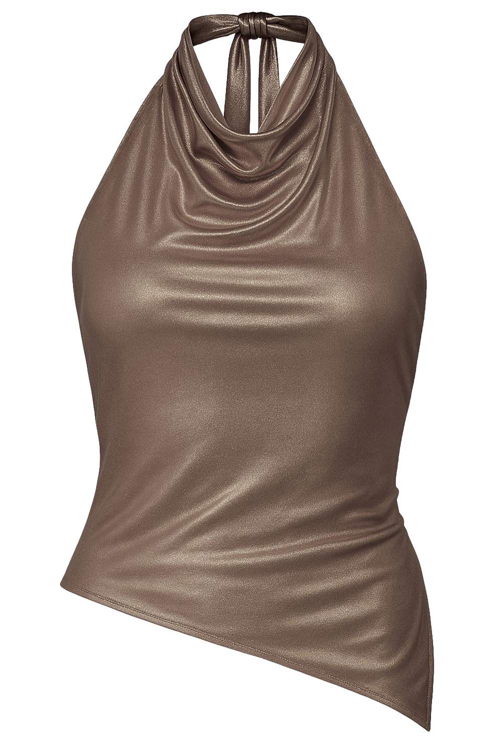 Top metálico de cuello halter con lazo amarrable posterior, escote fluido, fit recto, sin mangas y escote en espalda. Detalle de bajo diagonal asimétrico.