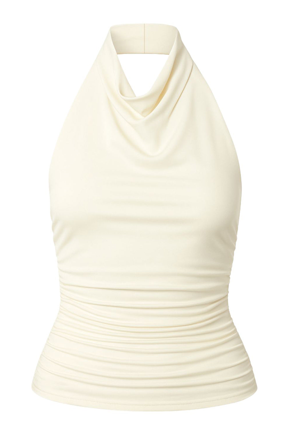 Top halter de fit ajustado, cuello alto fluido, sin mangas, plisados en costados y espalda.